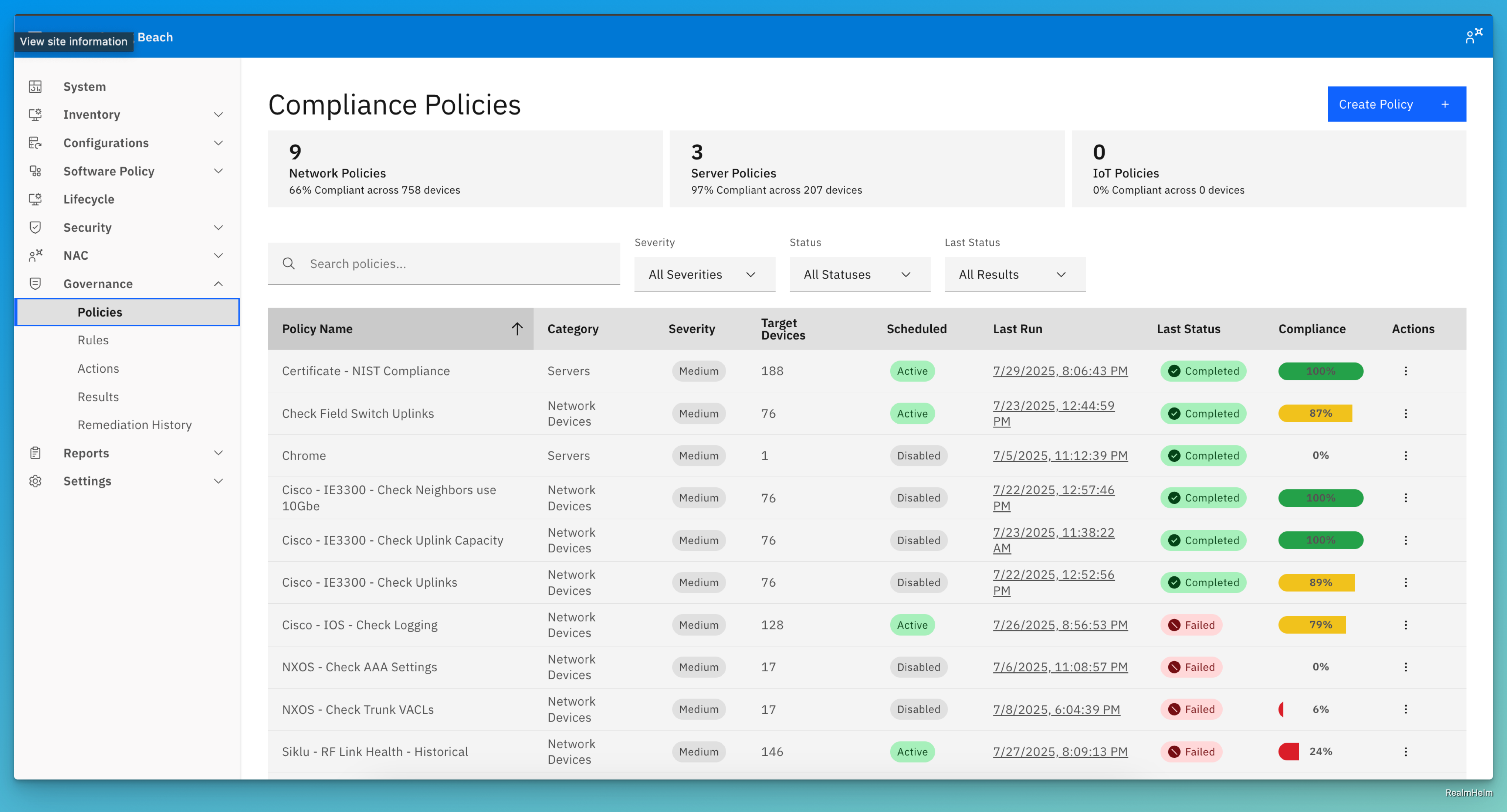 RealmHelm Compliance Policies Dashboard