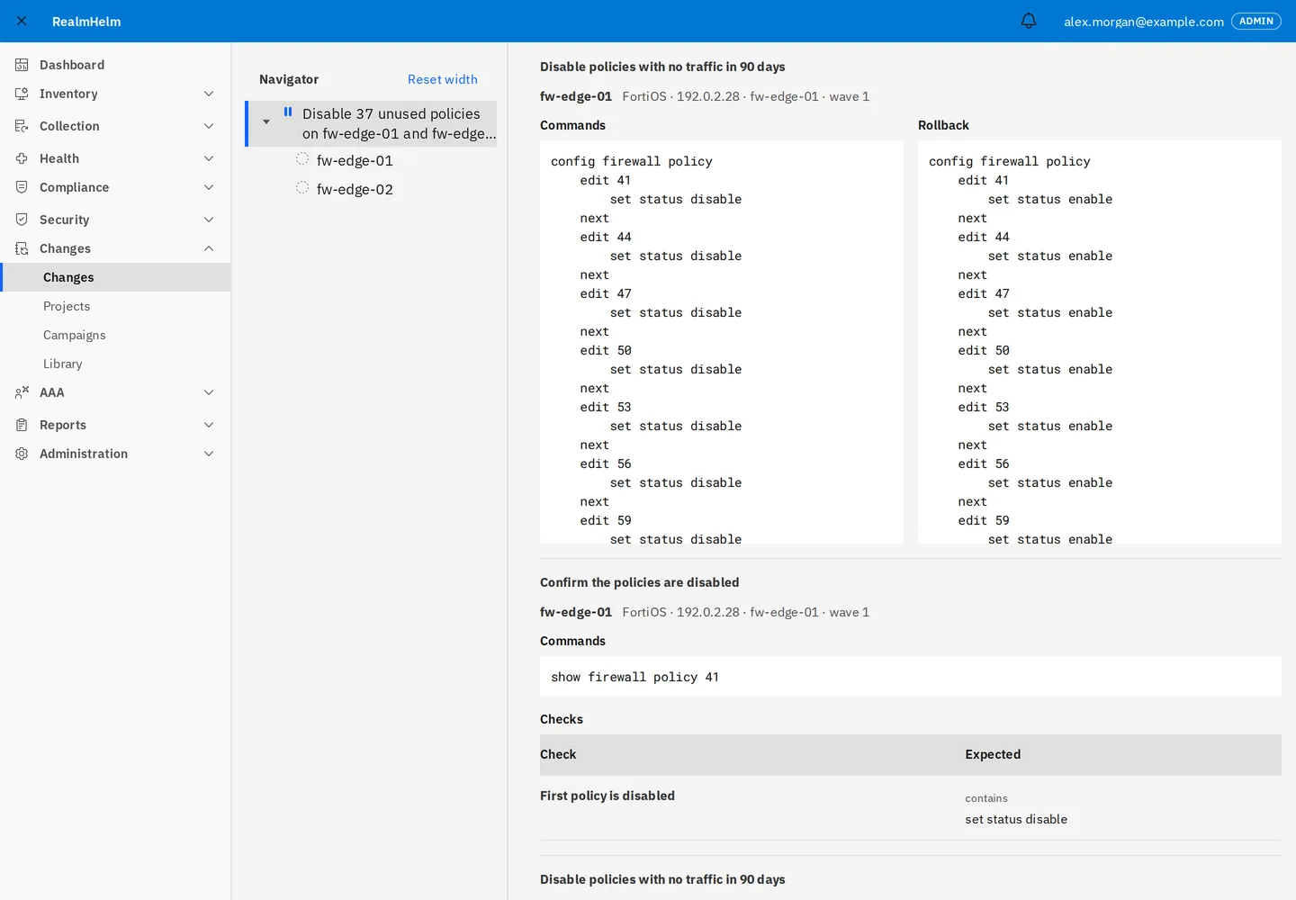 Change review in RealmHelm: disable 37 unused policies on fw-edge-01 and fw-edge-02. Each policy is set to disable, with a rollback that enables it again, and a check.